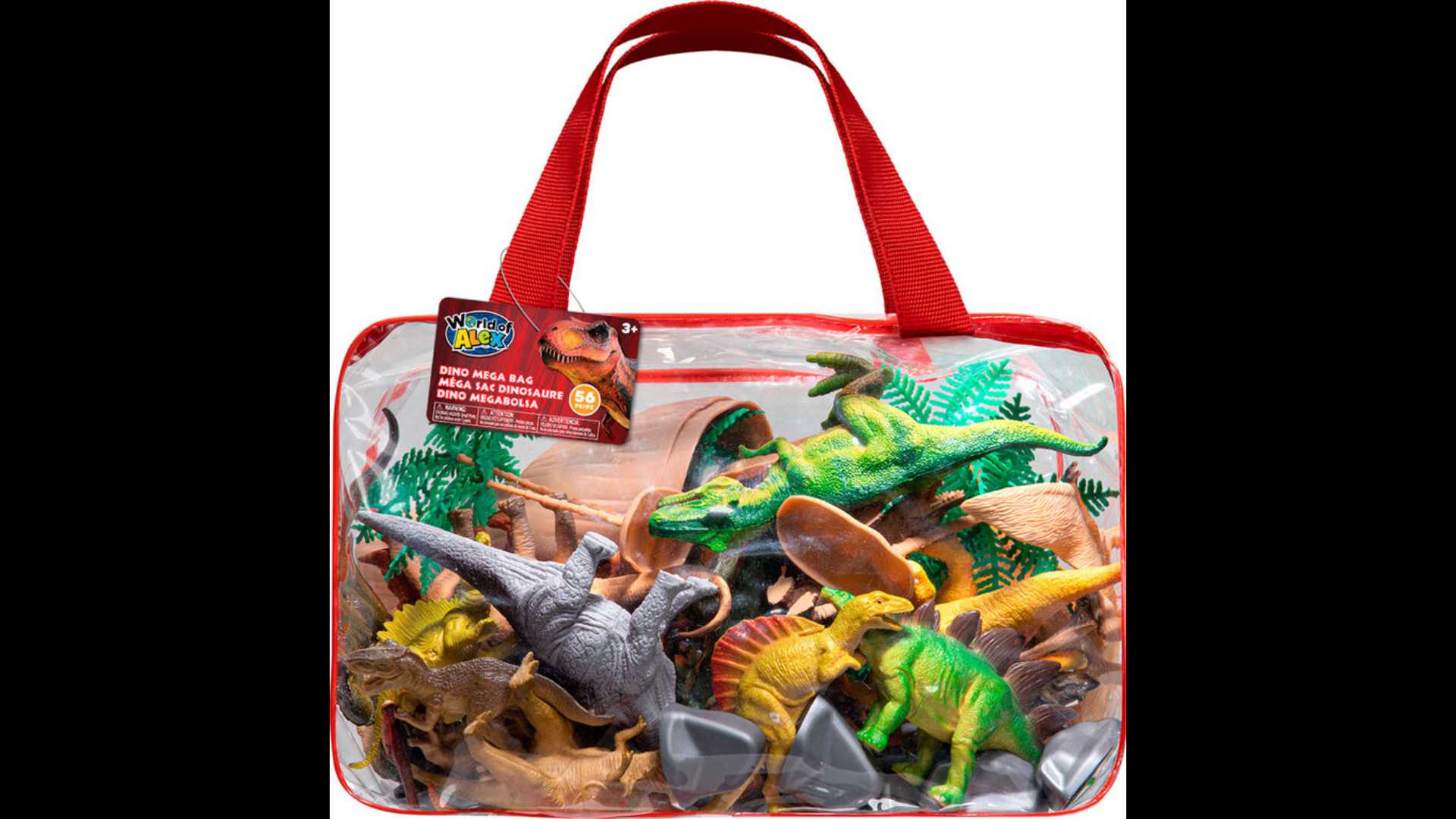 56 toy dinosaurs in a bag