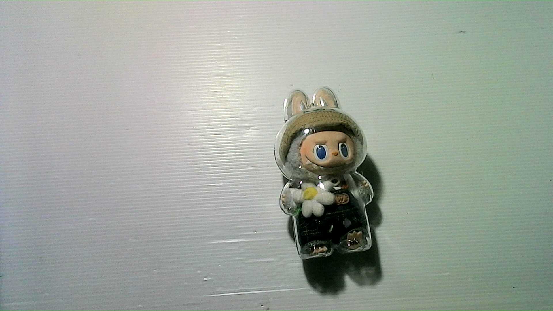 Labubu keychain toy in a plastic box